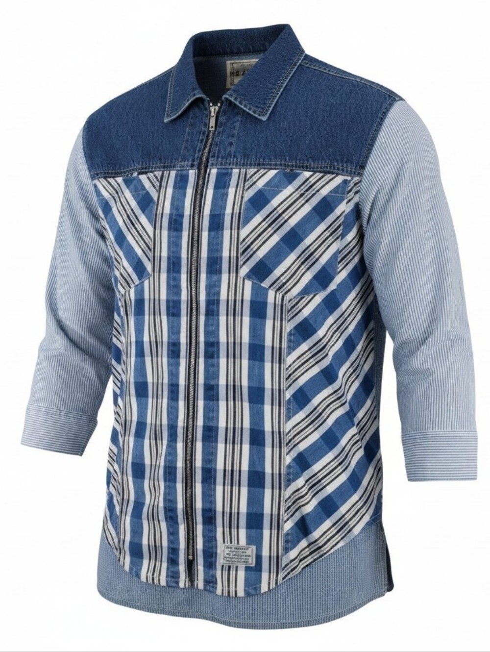 Vtg Levis Shirt Mens M Blue White Plaid Check 3/4 Sleeves Full Zip